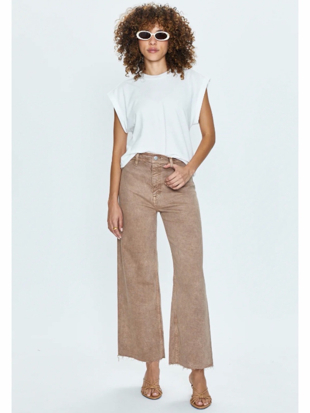 Pistola Penny Wide-Leg High Rise Jeans in Cashew Tan‎ Raw Hem Crop